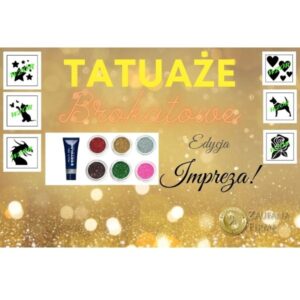 Tatuaże Brokatowe – Zestaw „EDYCJA IMPREZA!” | Szablony, Klej Kryolan, 6 Brokatów + Taśma