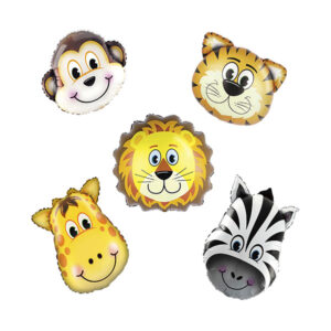 Balony Foliowe Zwierzęta – Zestaw 5 Główek (26 × 35 cm) | Małpka, Żyrafa, Zebra, Tygrys, Lew