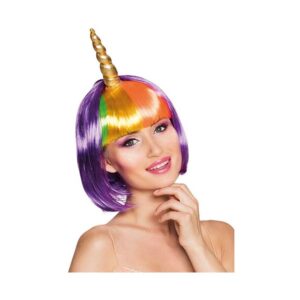 Peruka Jednorożec NightGlow – fioletowa z tęczową grzywką i złotym rogiem | 27 cm